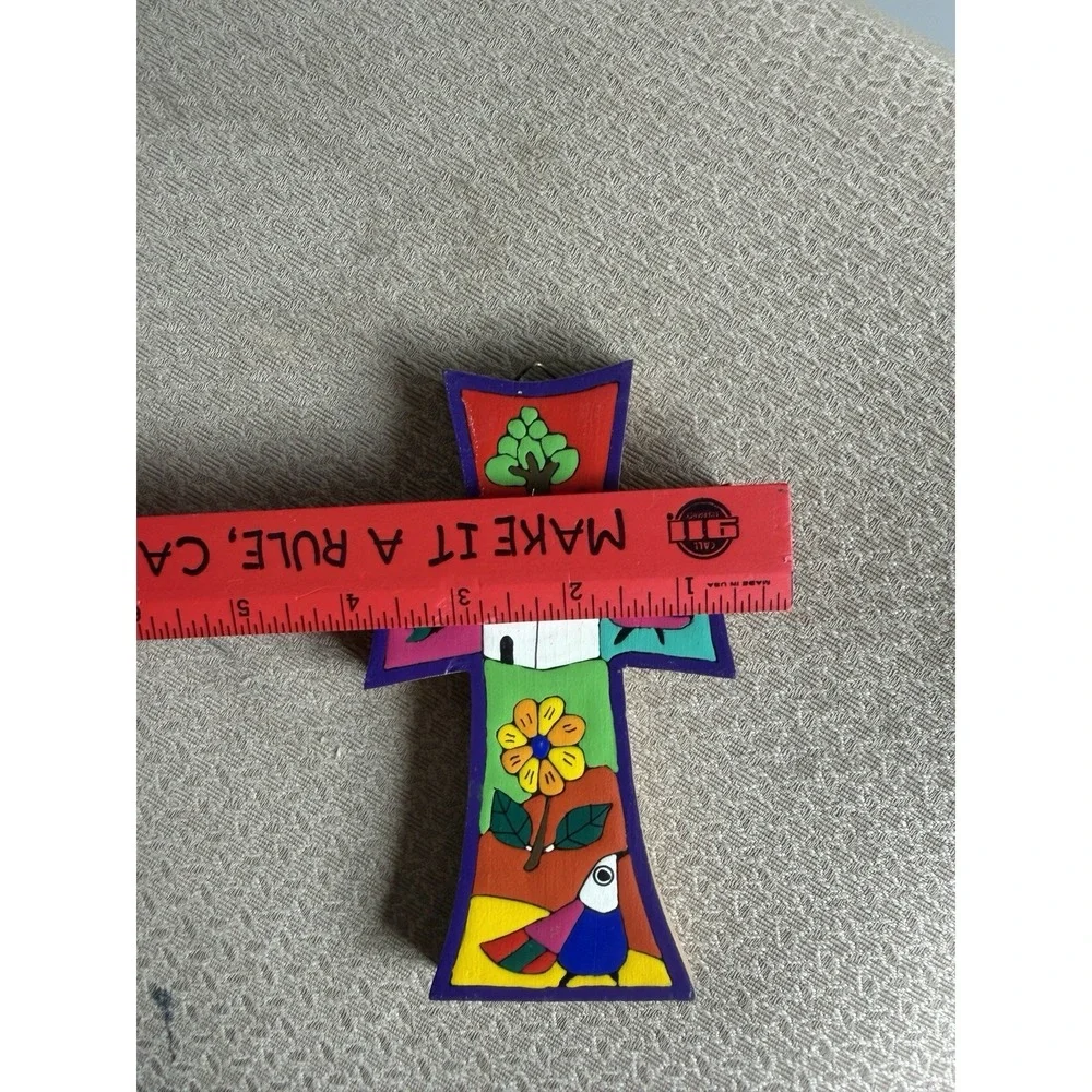 Vintage hand-painted colorful whimsical wood christian Cross. El Salvador
